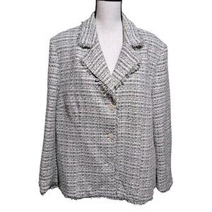 Silkland White Black Tweed Blazer Jacket Fringe Detail Long Sleeve Button Up 16W